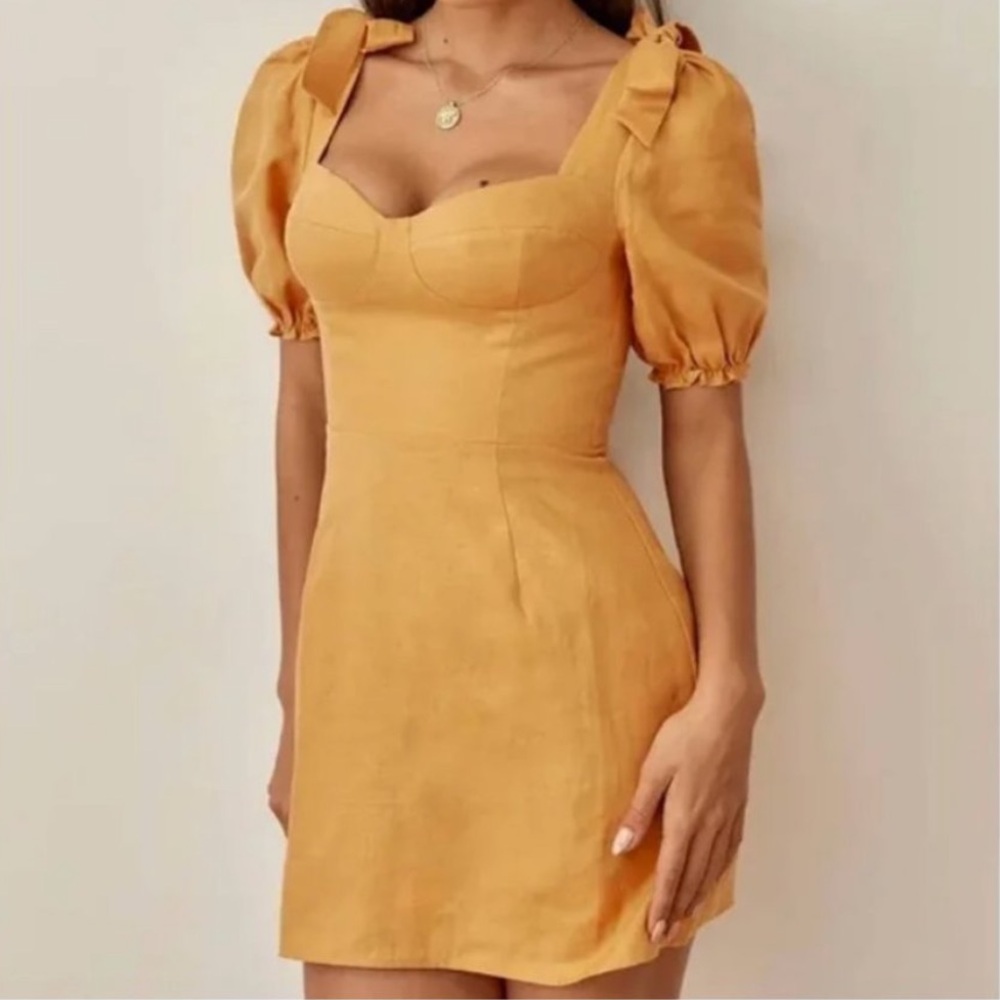 Reformation Mustard Yellow Puff-Sleeve Mini Dress